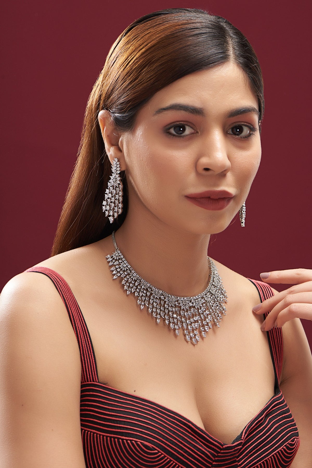 White Finish Faux Diamond Necklace Set