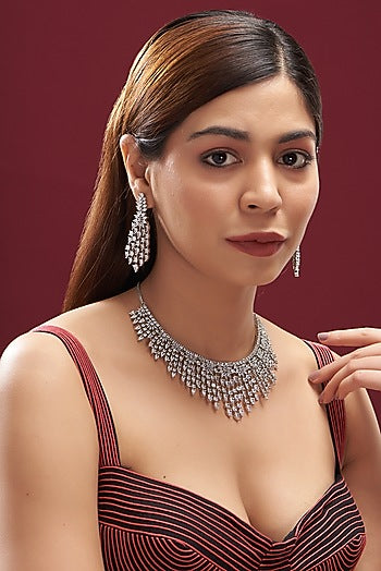 White Finish Faux Diamond Necklace Set