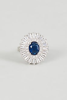 White Finish Zircon & Blue Stone Ring