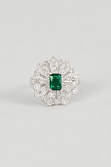 White Finish Zircon & Green Stone Ring