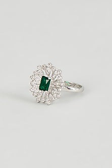 White Finish Zircon & Green Stone Ring