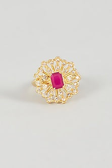 Gold Finish Zircon & Red Stone Ring