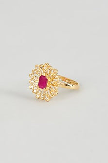 Gold Finish Zircon & Red Stone Ring