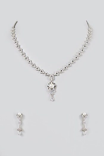 White Finish Zircon & Pearl Necklace Set