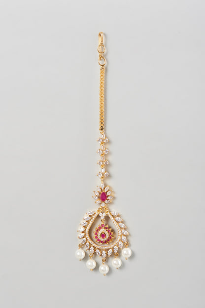 Gold Finish Zircon & Ruby Maangtikka