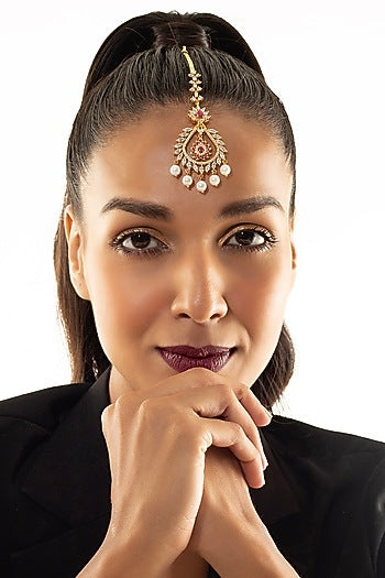 Gold Finish Zircon & Ruby Maangtikka