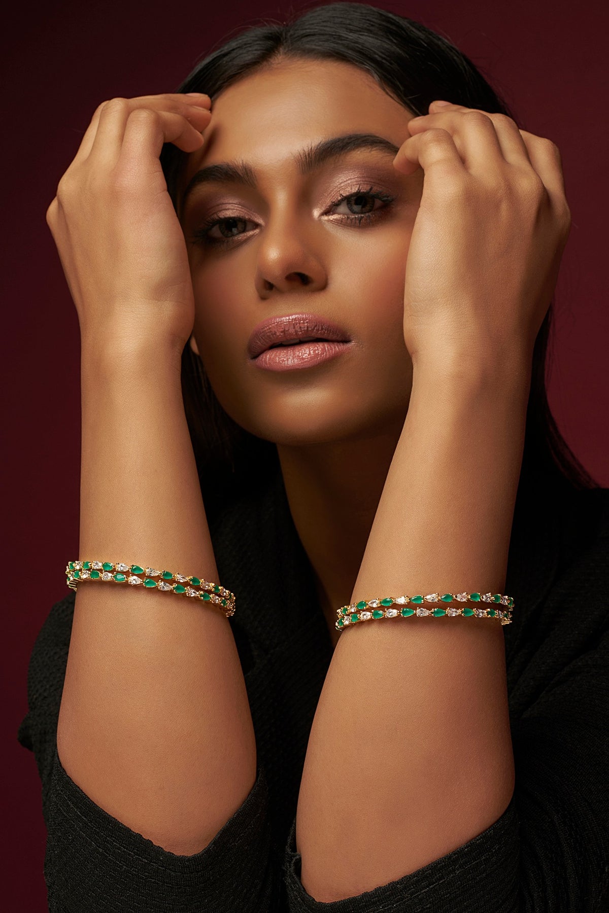 Gold Finish Zircon & Emerald Bangles (Set of 4)