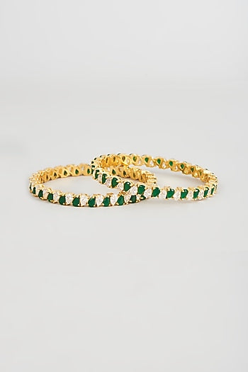 Gold Finish Zircon & Emerald Synthetic Stone Bangles (Set of 2)