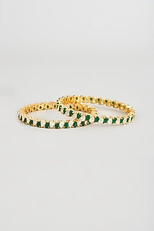 Gold Finish Zircon & Emerald Synthetic Stone Bangles (Set of 2)