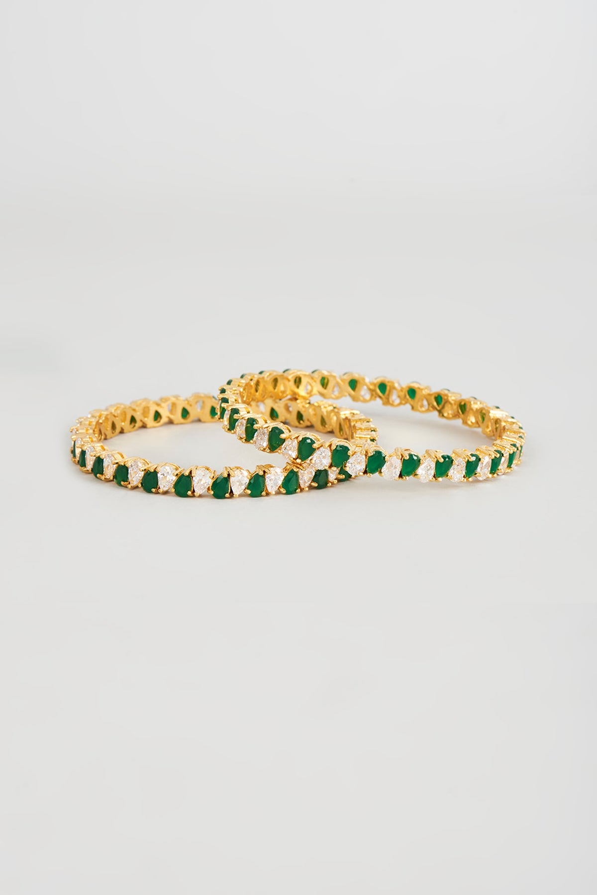 Gold Finish Zircon & Emerald Synthetic Stone Bangles (Set of 2)