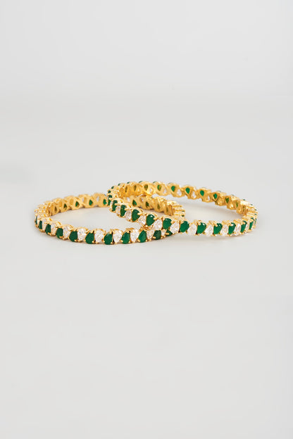 Gold Finish Zircon & Emerald Synthetic Stone Bangles (Set of 2)