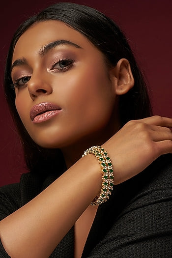 Gold Finish Zircon & Emerald Synthetic Stone Bangles (Set of 2)