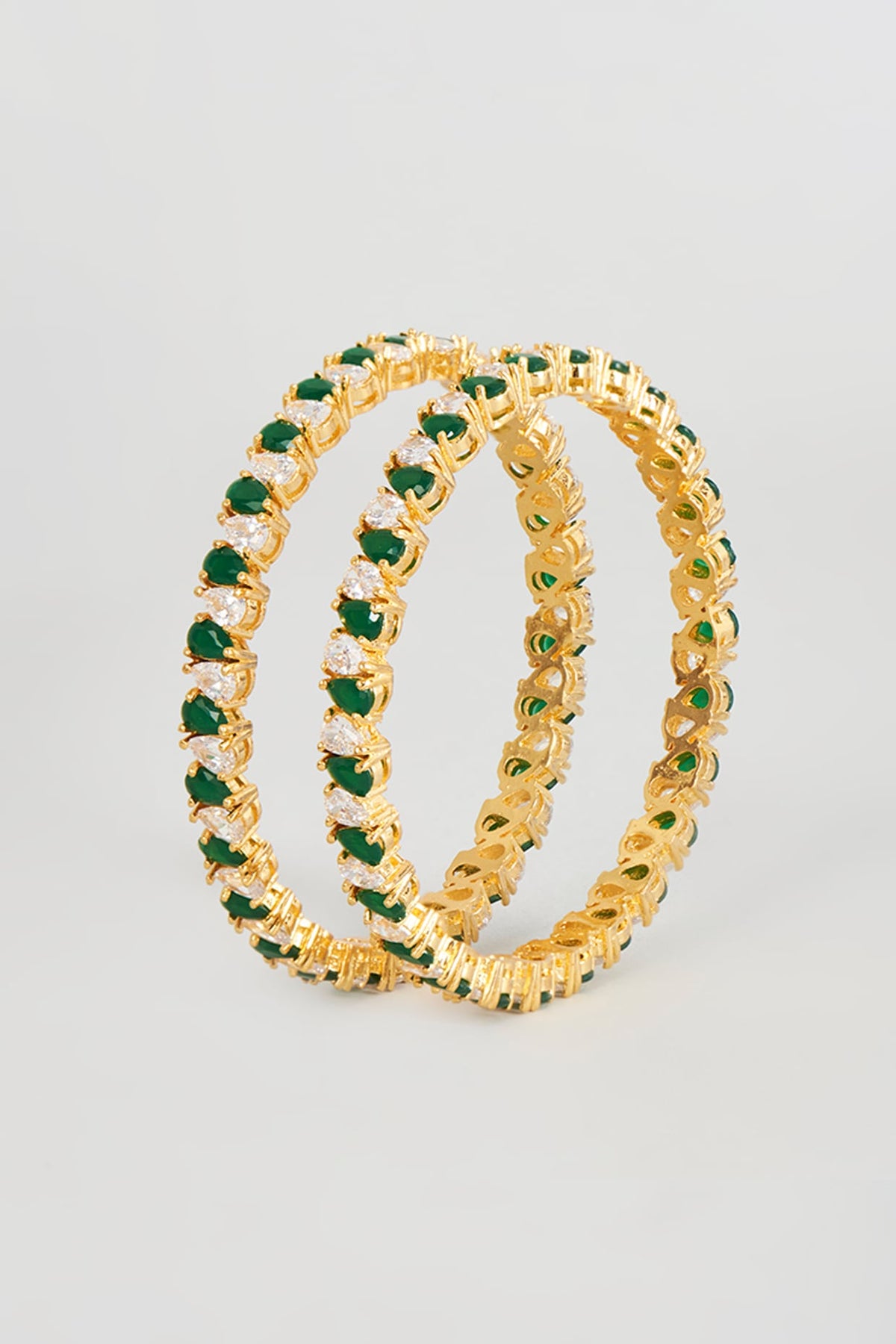 Gold Finish Zircon & Emerald Synthetic Stone Bangles (Set of 2)