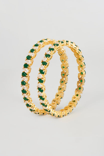 Gold Finish Zircon & Emerald Synthetic Stone Bangles (Set of 2)