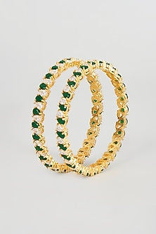 Gold Finish Zircon & Emerald Synthetic Stone Bangles (Set of 2)