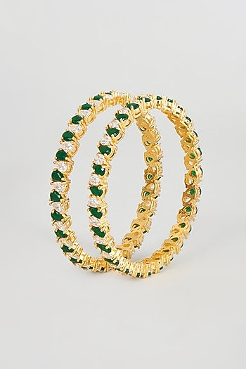 Gold Finish Zircon & Emerald Synthetic Stone Bangles (Set of 2)