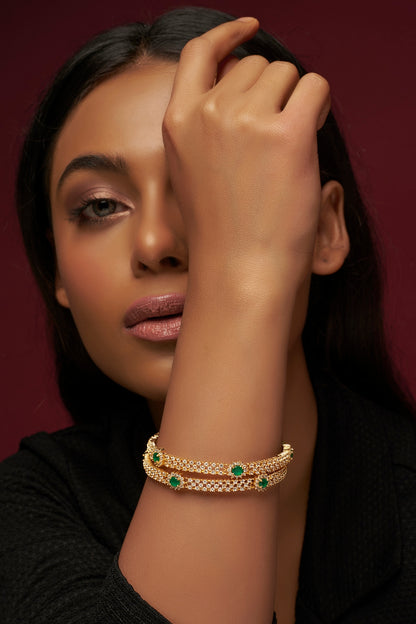 Gold Finish Emerald & Zircon Bangles (Set of 2)