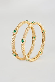 Gold Finish Emerald & Zircon Bangles (Set of 2)