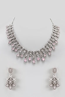 White Finish Zircon & Pink Stone Necklace Set