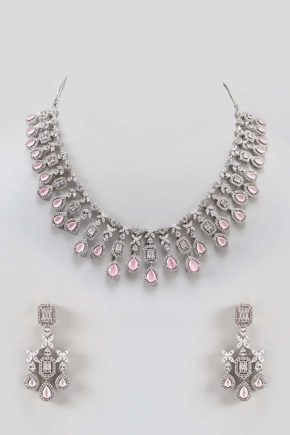 White Finish Zircon & Pink Stone Necklace Set