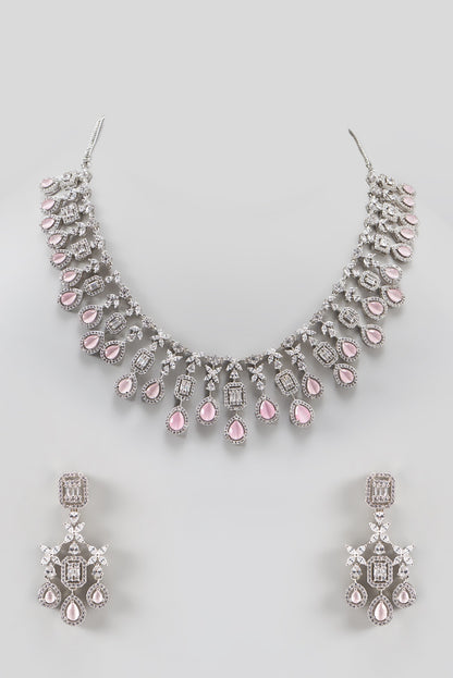 White Finish Zircon & Pink Stone Necklace Set