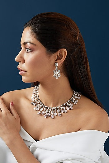 White Finish Zircon & Pink Stone Necklace Set