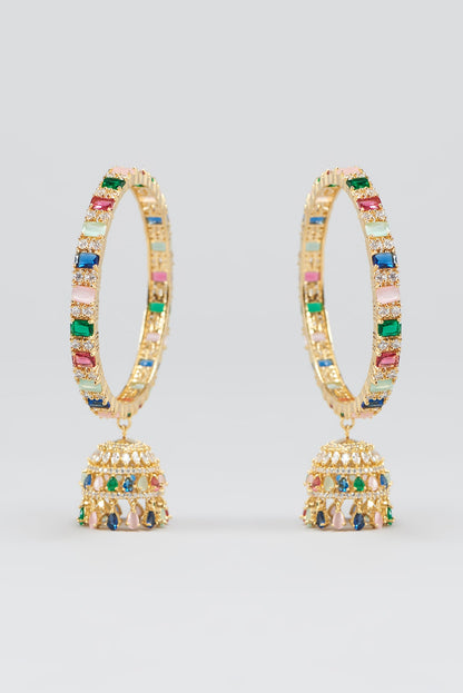 Gold Finish Multi-Colored Synthetic Stone & Zircon Bangles (Set of 2)