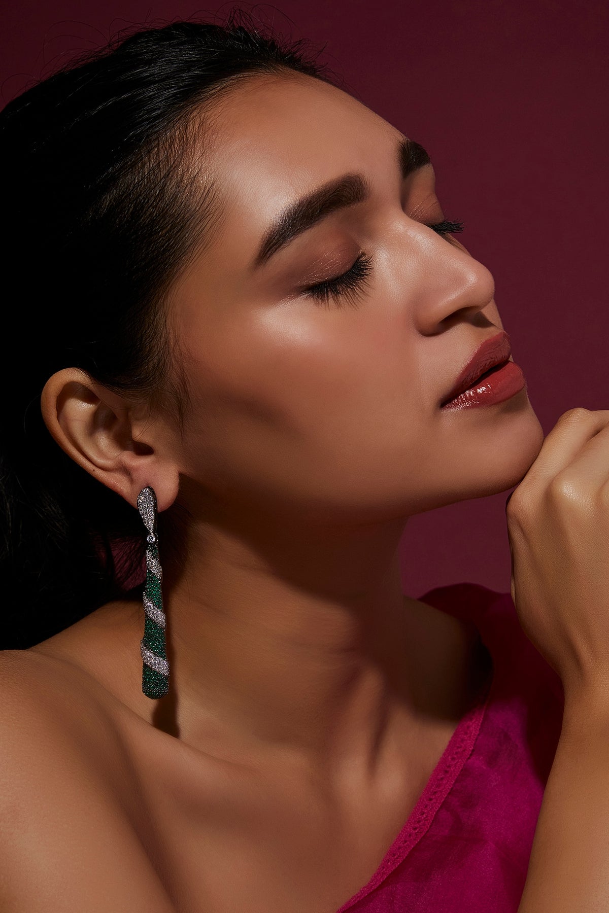 White Finish Zircon & Emerald Dangler Earrings