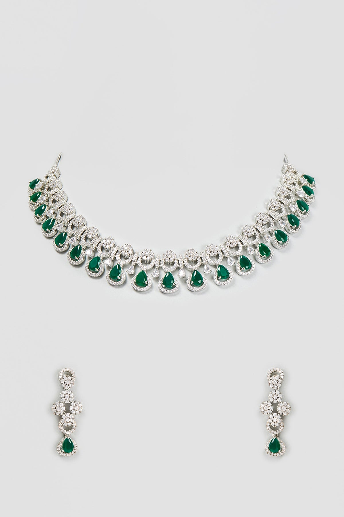 White Finish Zircon & Synthetic Emerald Necklace Set