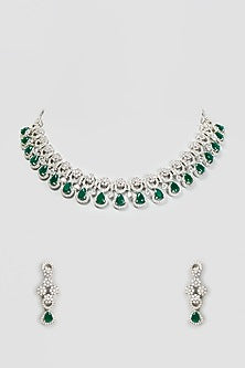 White Finish Zircon & Synthetic Emerald Necklace Set