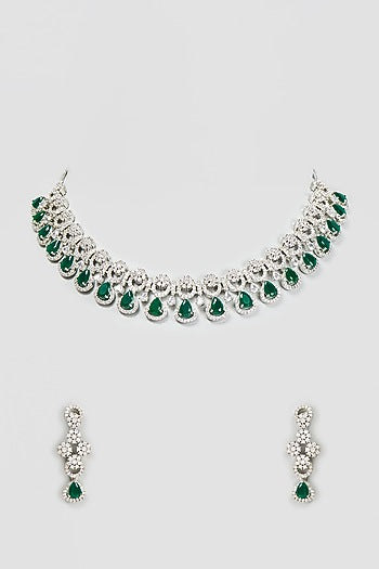 White Finish Zircon & Synthetic Emerald Necklace Set