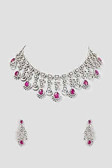 White Finish Zircon & Synthetic Ruby Necklace Set