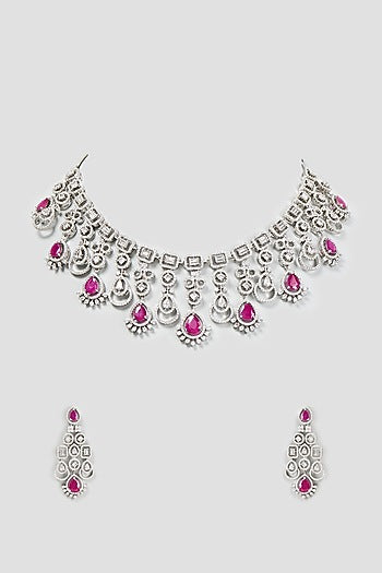 White Finish Zircon & Synthetic Ruby Necklace Set