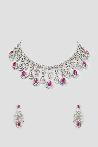 White Finish Zircon & Synthetic Ruby Necklace Set