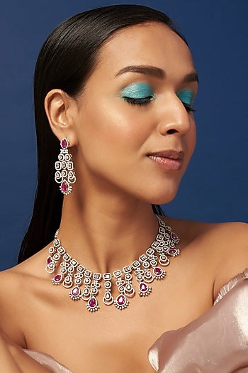 White Finish Zircon & Synthetic Ruby Necklace Set