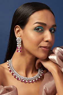 White Finish Zircon & Synthetic Ruby Necklace Set