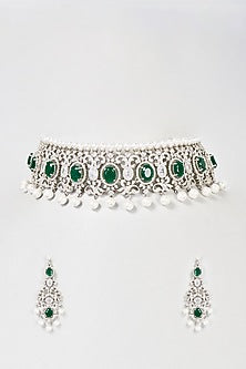 White Finish Faux Diamond & Emerald Choker Necklace Set
