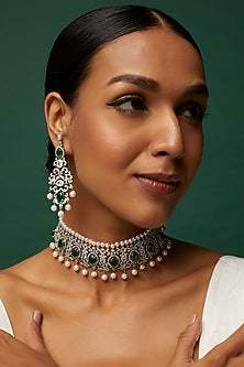 White Finish Faux Diamond & Emerald Choker Necklace Set