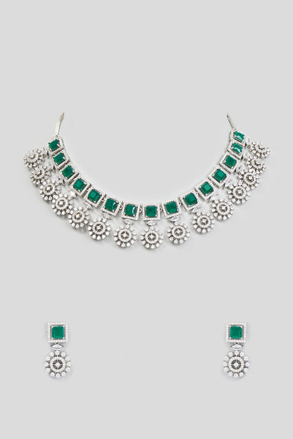 White Finish Zircon & Synthetic Emerald Stone Necklace Set