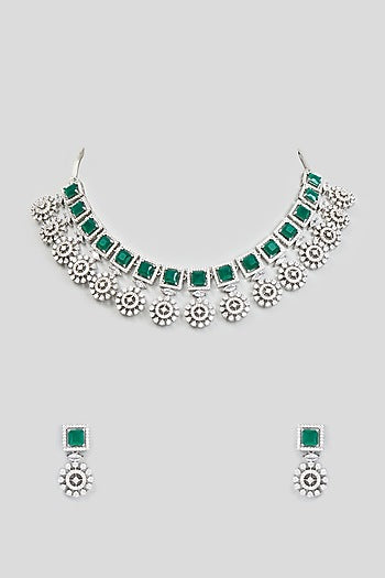 White Finish Zircon & Synthetic Emerald Stone Necklace Set
