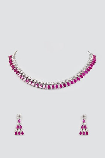 White Finish Zircon & Synthetic Ruby Stone Necklace Set
