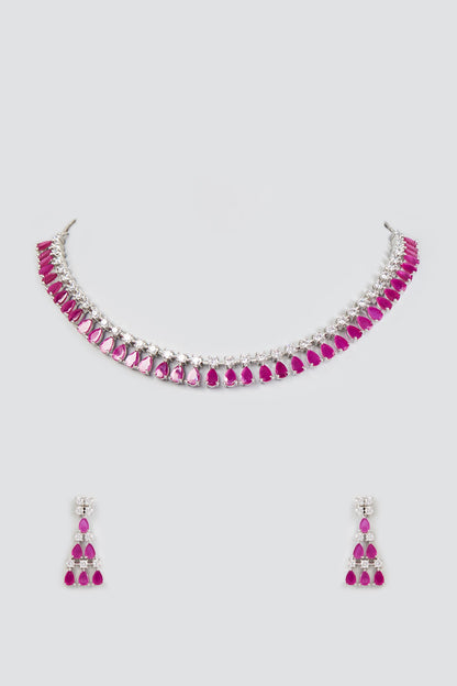 White Finish Zircon & Synthetic Ruby Stone Necklace Set