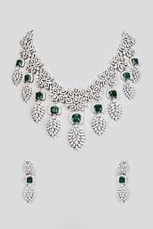 White Finish Zircon & Synthetic Emerald Stone Necklace Set