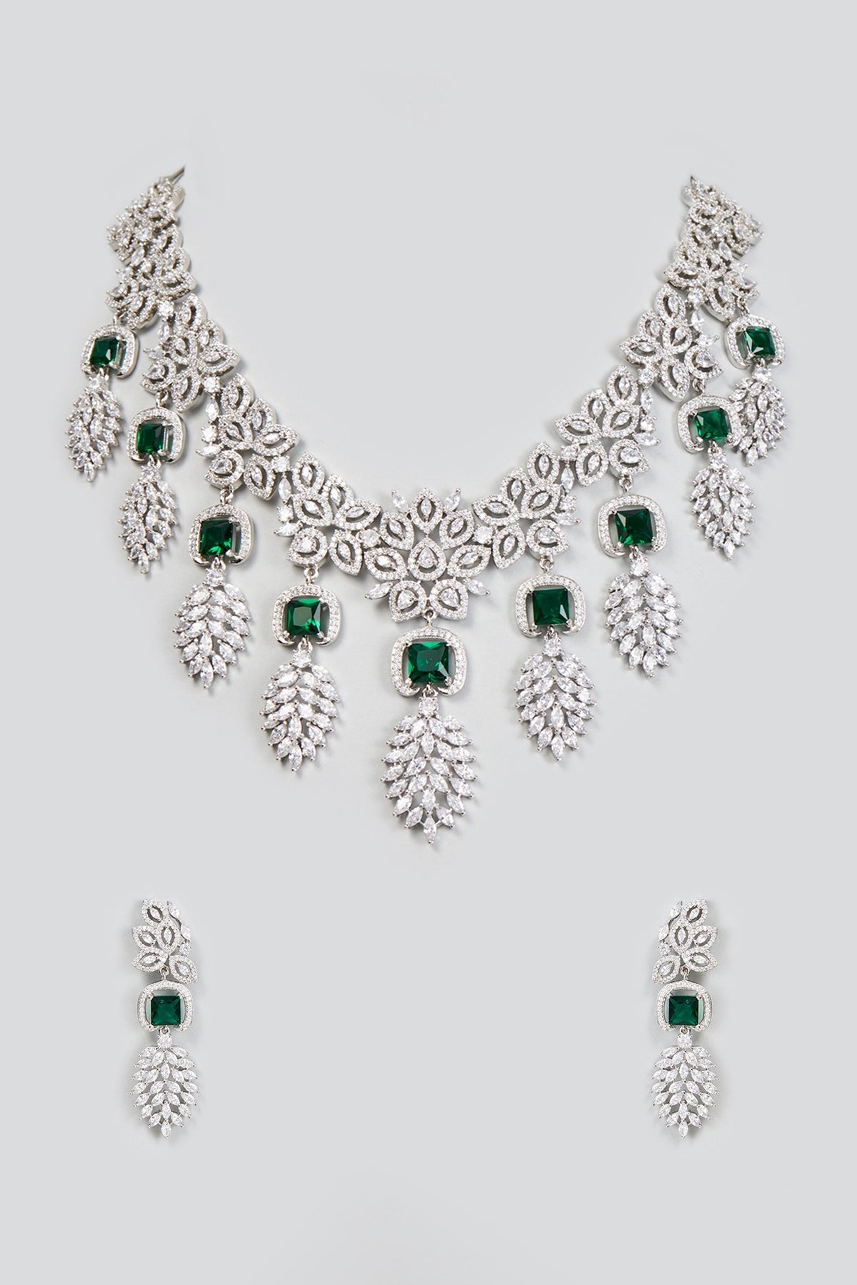 White Finish Zircon & Synthetic Emerald Stone Necklace Set