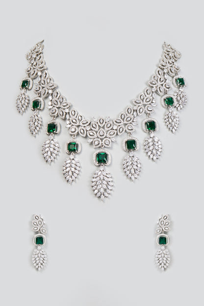 White Finish Zircon & Synthetic Emerald Stone Necklace Set