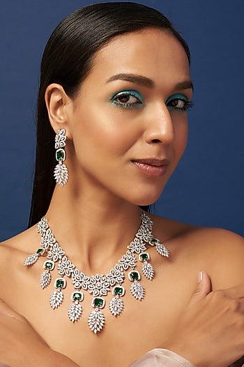White Finish Zircon & Synthetic Emerald Stone Necklace Set