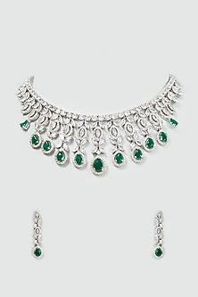 White Finish Zircon & Synthetic Emerald Stone Necklace Set