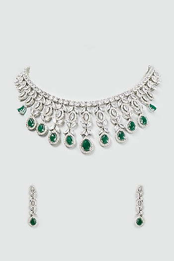 White Finish Zircon & Synthetic Emerald Stone Necklace Set