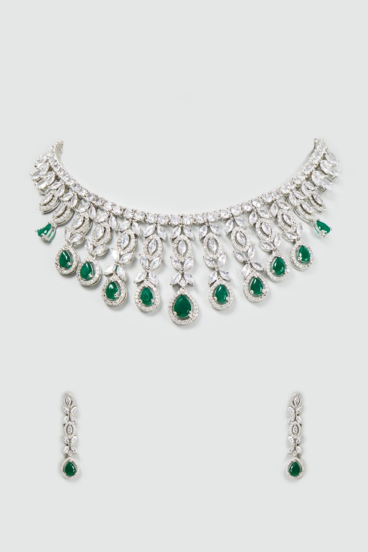 White Finish Zircon & Synthetic Emerald Stone Necklace Set
