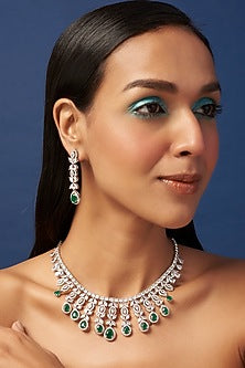 White Finish Zircon & Synthetic Emerald Stone Necklace Set